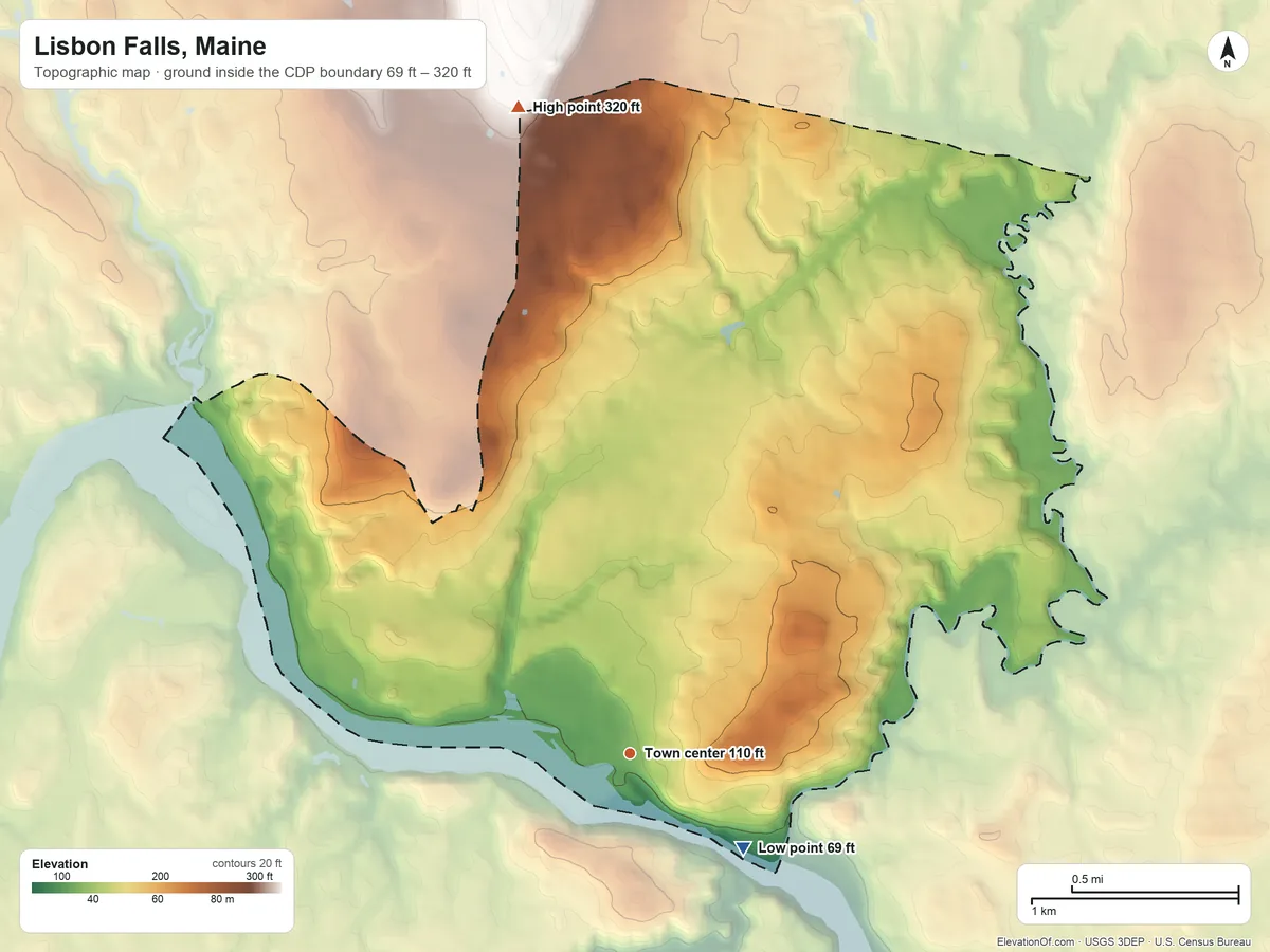Topographic elevation map of Lisbon Falls, Maine, shaded from 69 ft on the southeast side to 320 ft on the north side