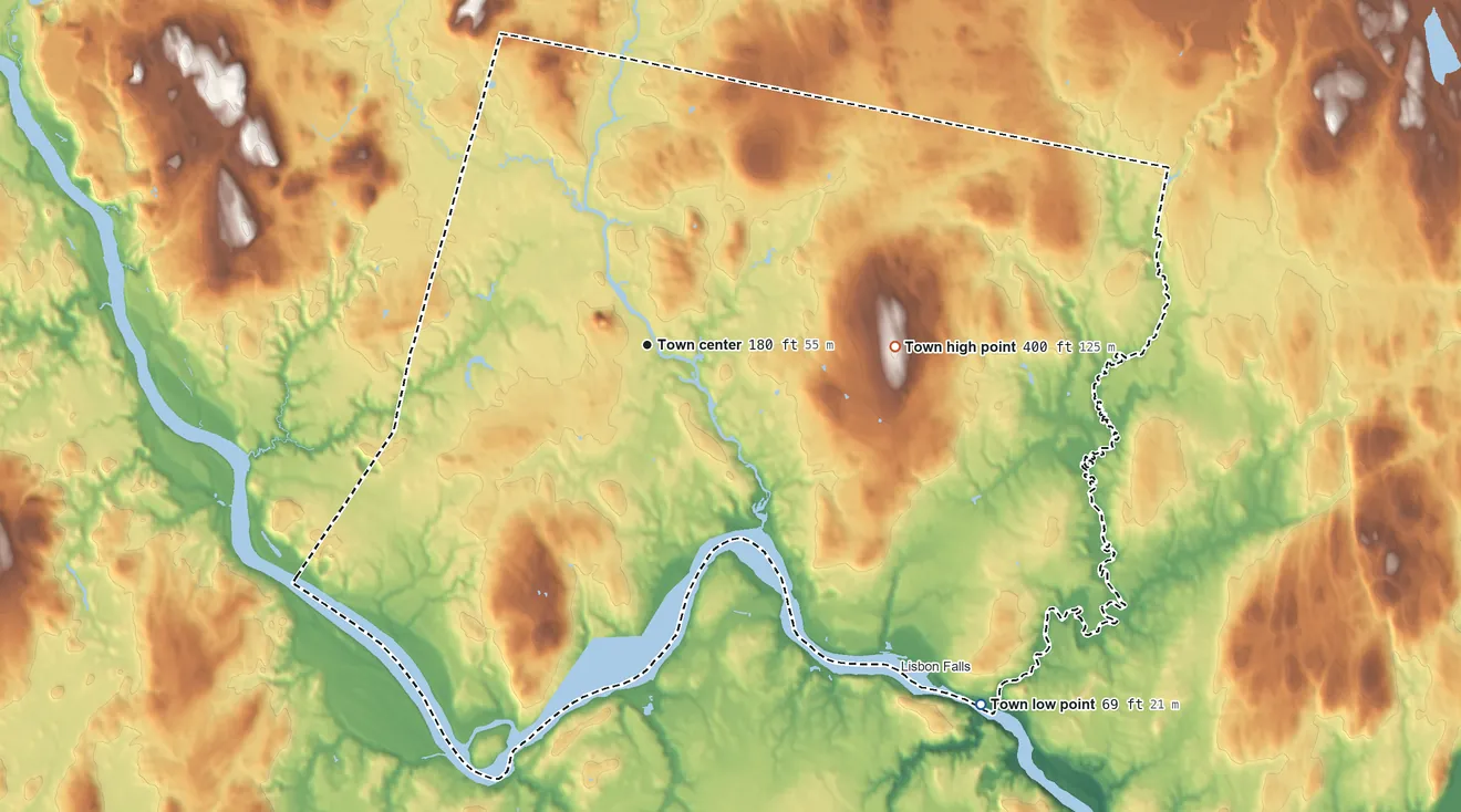Topographic elevation map of Lisbon, Maine, shaded from 69 ft on the southeast side to 400 ft on the east side