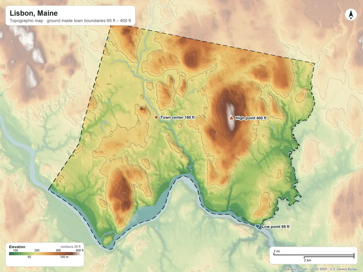Topographic elevation map of Lisbon, Maine, shaded from 69 ft on the southeast side to 400 ft on the east side