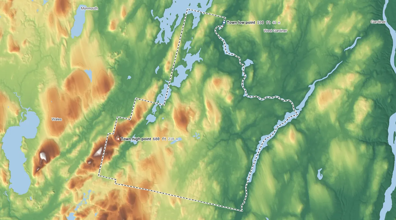 Topographic elevation map of Litchfield, Maine, shaded from 130 ft on the northeast side to 680 ft on Danforth Hill