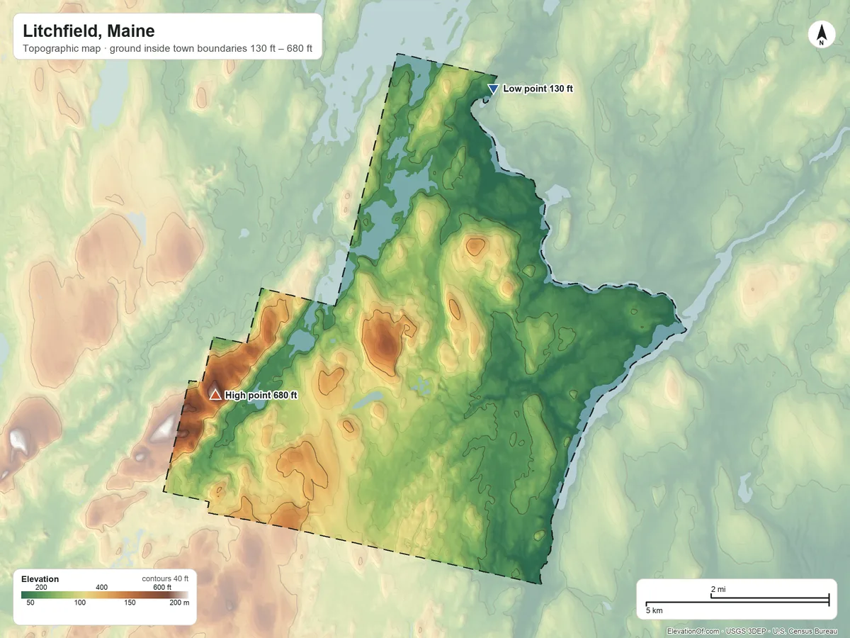 Topographic elevation map of Litchfield, Maine, shaded from 130 ft on the northeast side to 680 ft on Danforth Hill