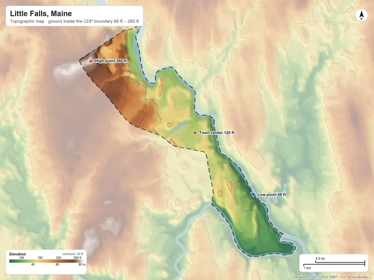 Topographic elevation map of Little Falls, Maine, shaded from 68 ft on the southeast side to 260 ft on the northwest side
