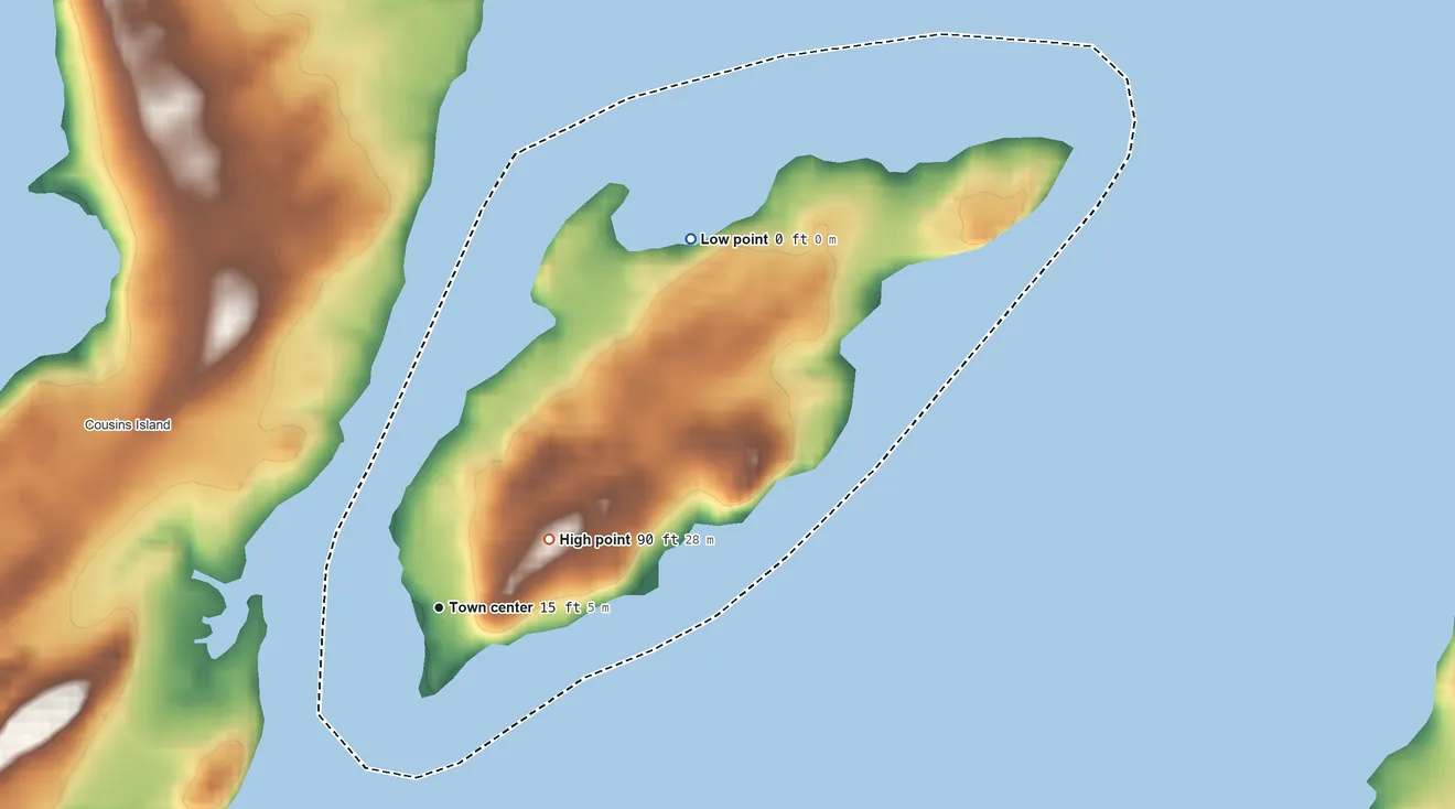 Topographic elevation map of Littlejohn Island, Maine, shaded from sea level level on Casco Bay to 90 ft on the northeast side