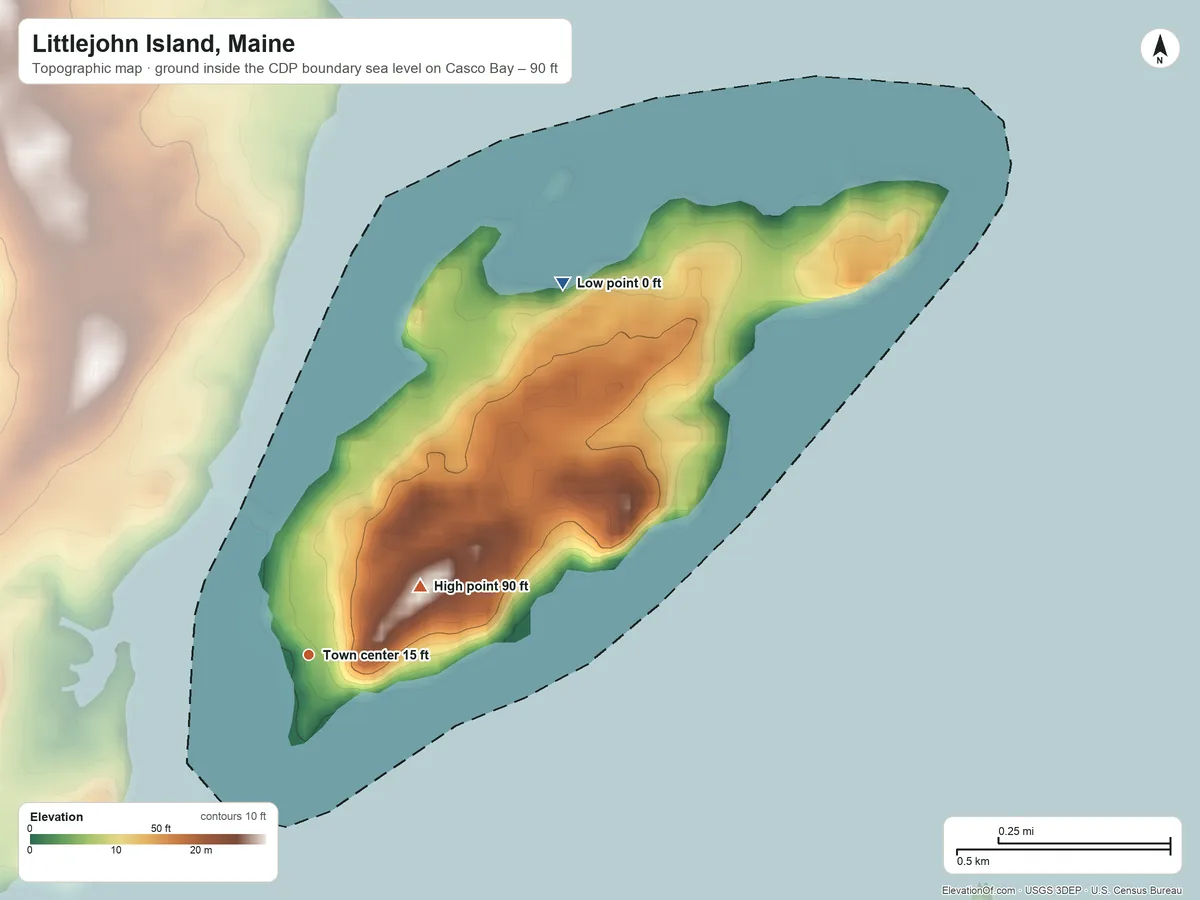 Topographic elevation map of Littlejohn Island, Maine, shaded from sea level level on Casco Bay to 90 ft on the northeast side