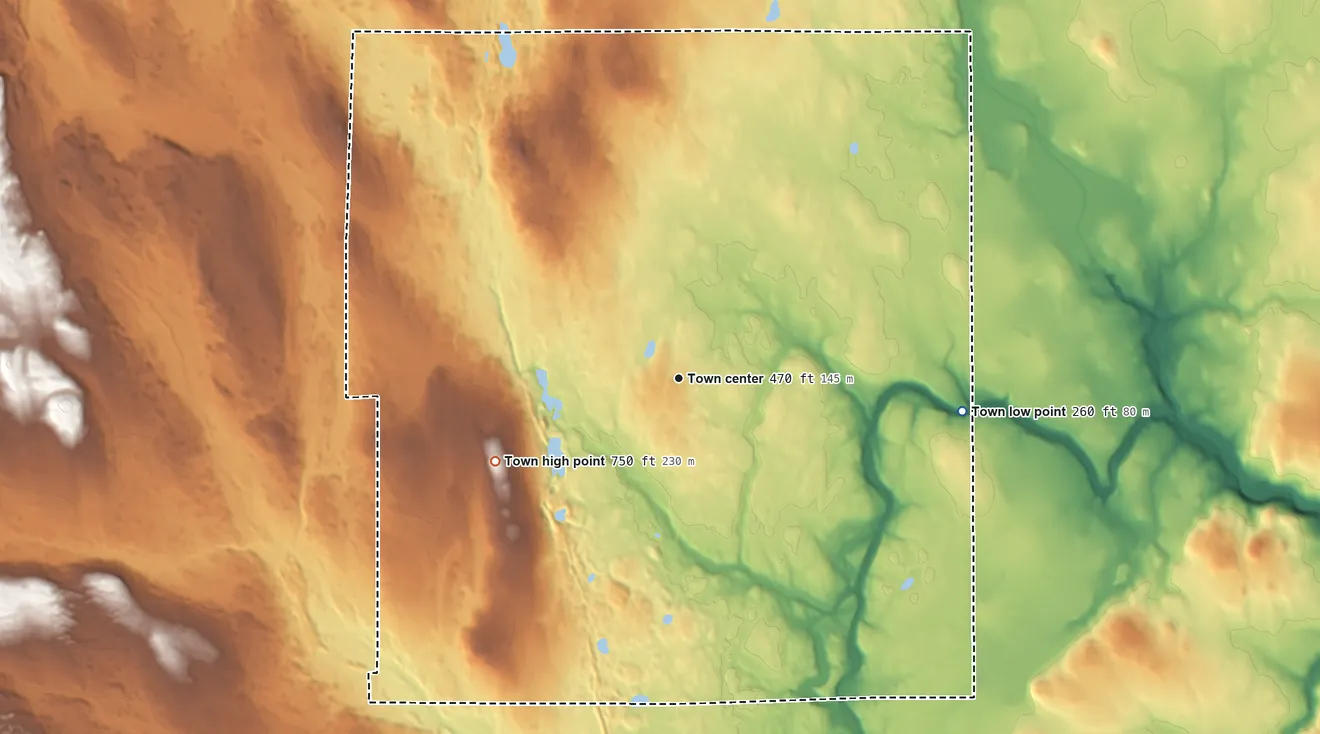 Topographic elevation map of Littleton, Maine, shaded from 260 ft on the east side to 750 ft on the southwest side