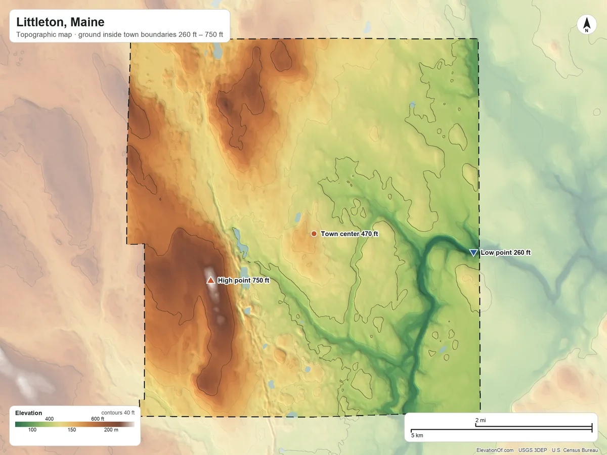 Topographic elevation map of Littleton, Maine, shaded from 260 ft on the east side to 750 ft on the southwest side