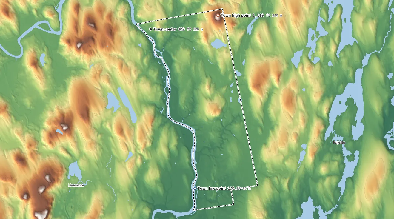 Topographic elevation map of Livermore Falls, Maine, shaded from 270 ft on the south side to 1,110 ft on Moose Hill