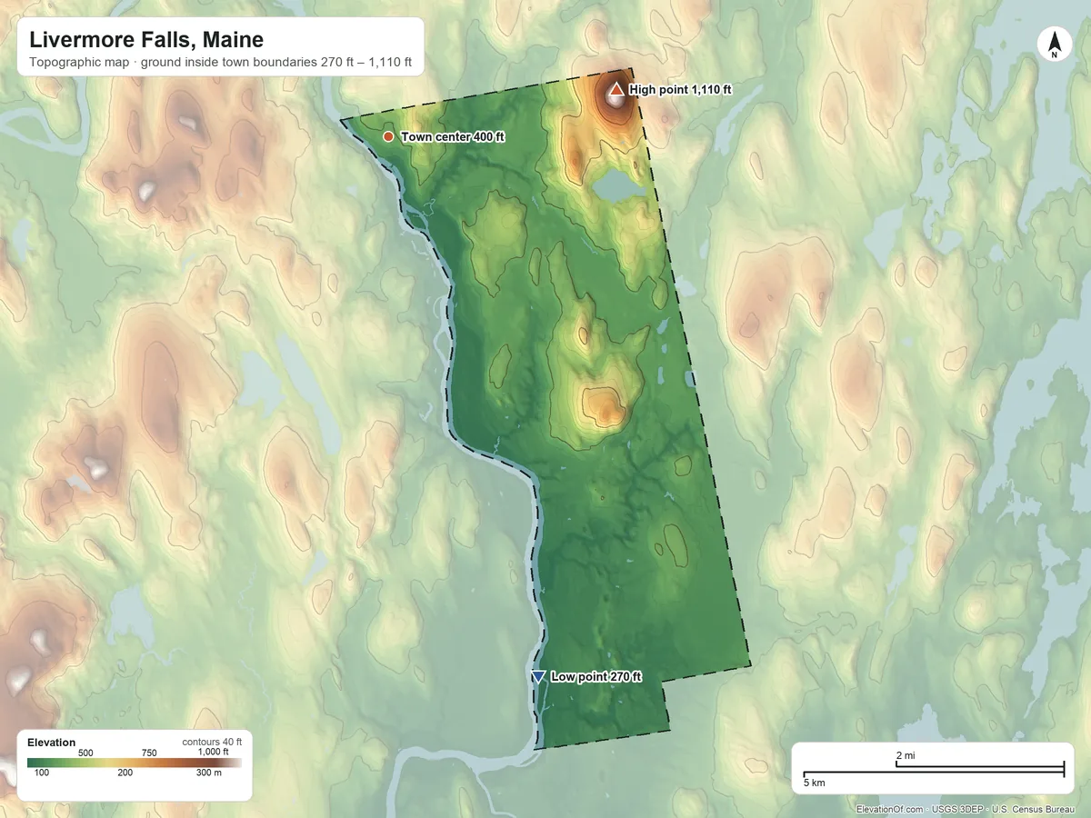Topographic elevation map of Livermore Falls, Maine, shaded from 270 ft on the south side to 1,110 ft on Moose Hill