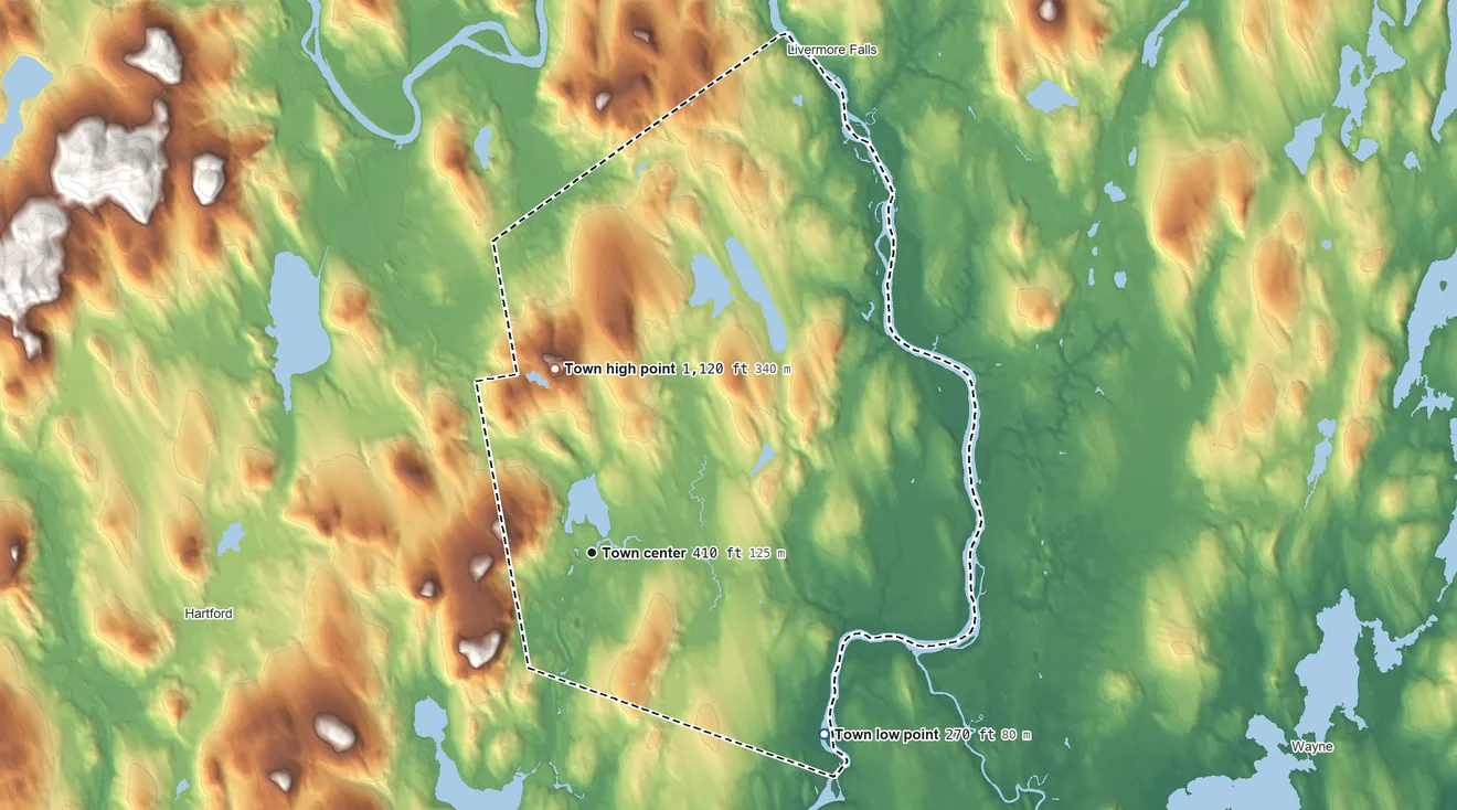 Topographic elevation map of Livermore, Maine, shaded from 270 ft on the southeast side to 1,120 ft on Shackley Hill