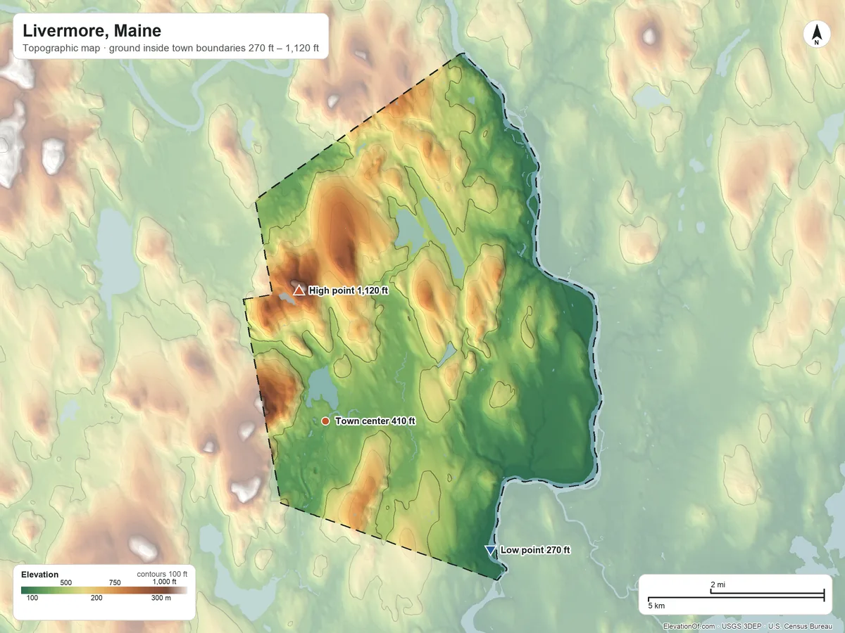 Topographic elevation map of Livermore, Maine, shaded from 270 ft on the southeast side to 1,120 ft on Shackley Hill