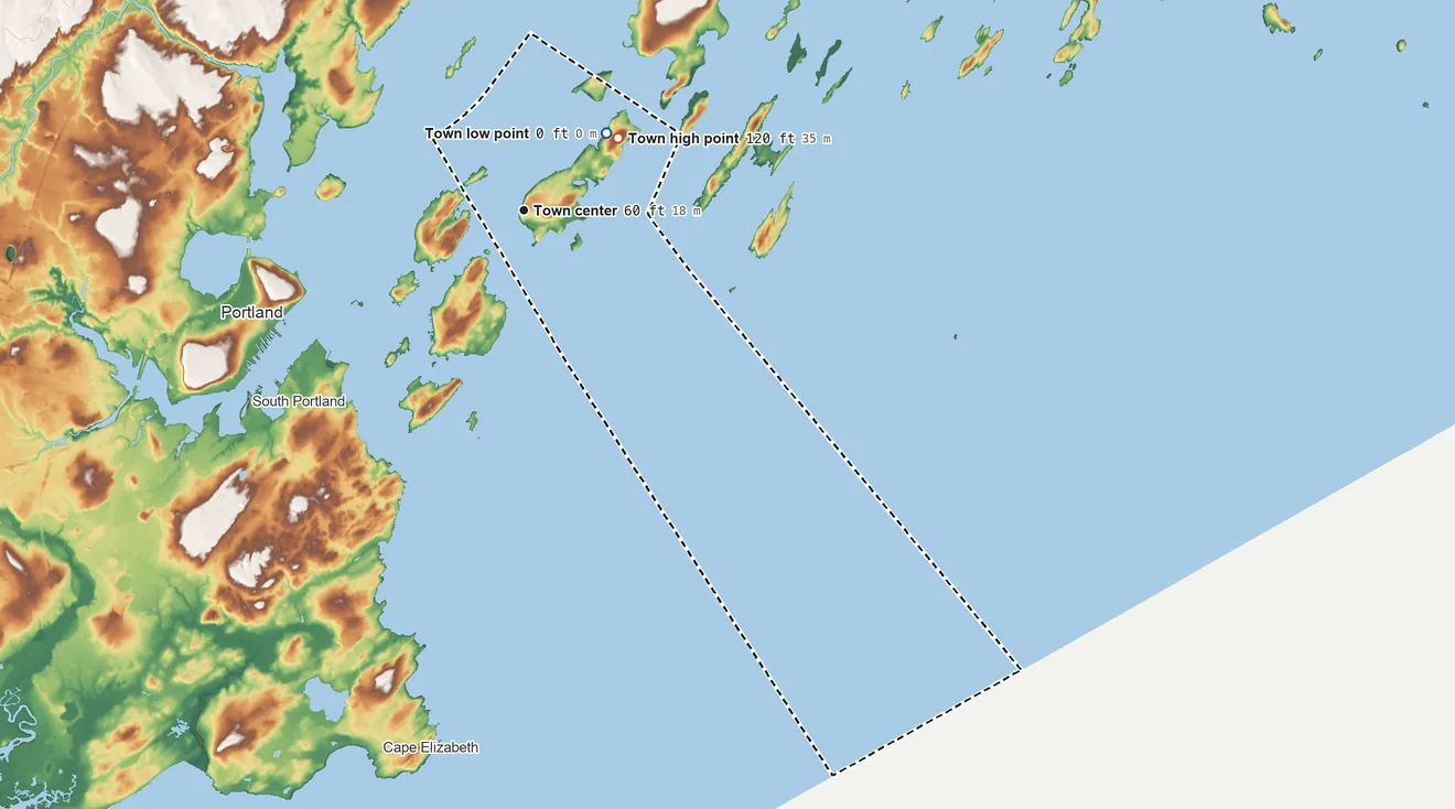 Topographic elevation map of Long Island, Maine, shaded from sea level level on Casco Bay to 120 ft on Rohrs Hill
