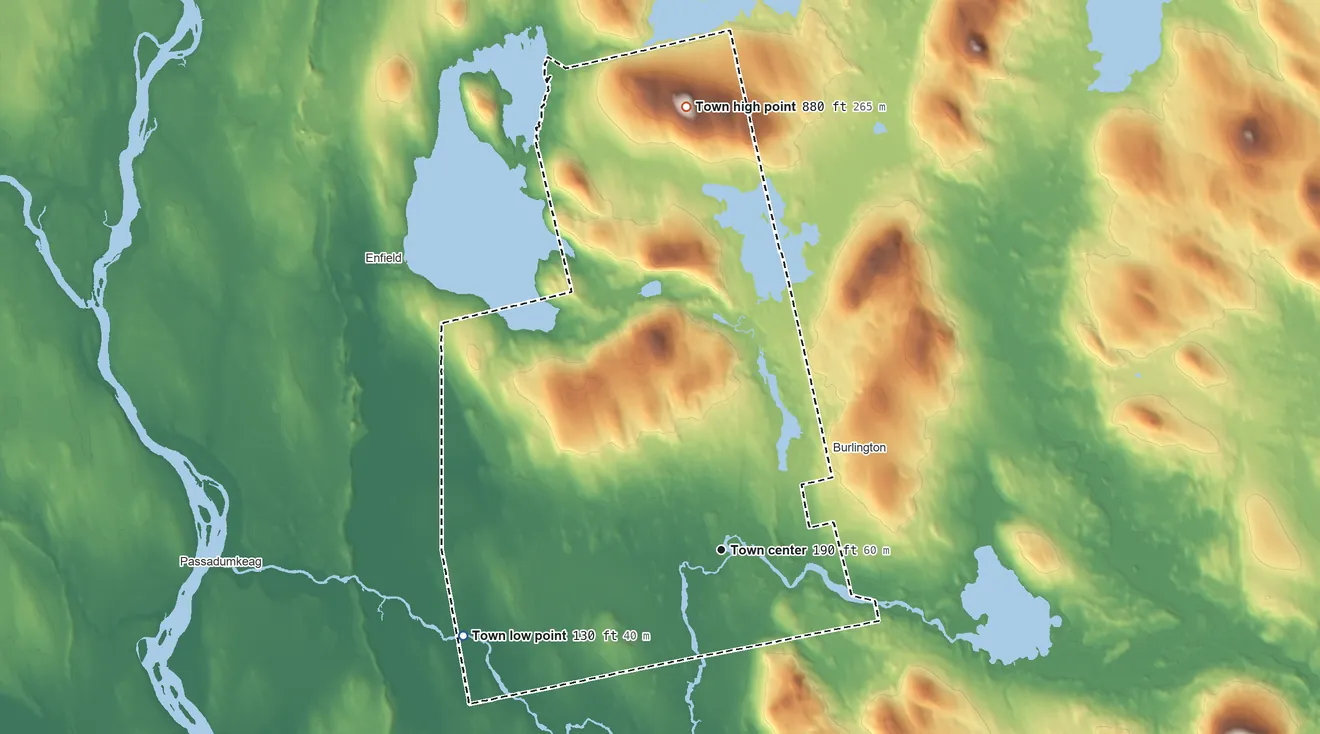 Topographic elevation map of Lowell, Maine, shaded from 130 ft on the west side to 880 ft on the north side