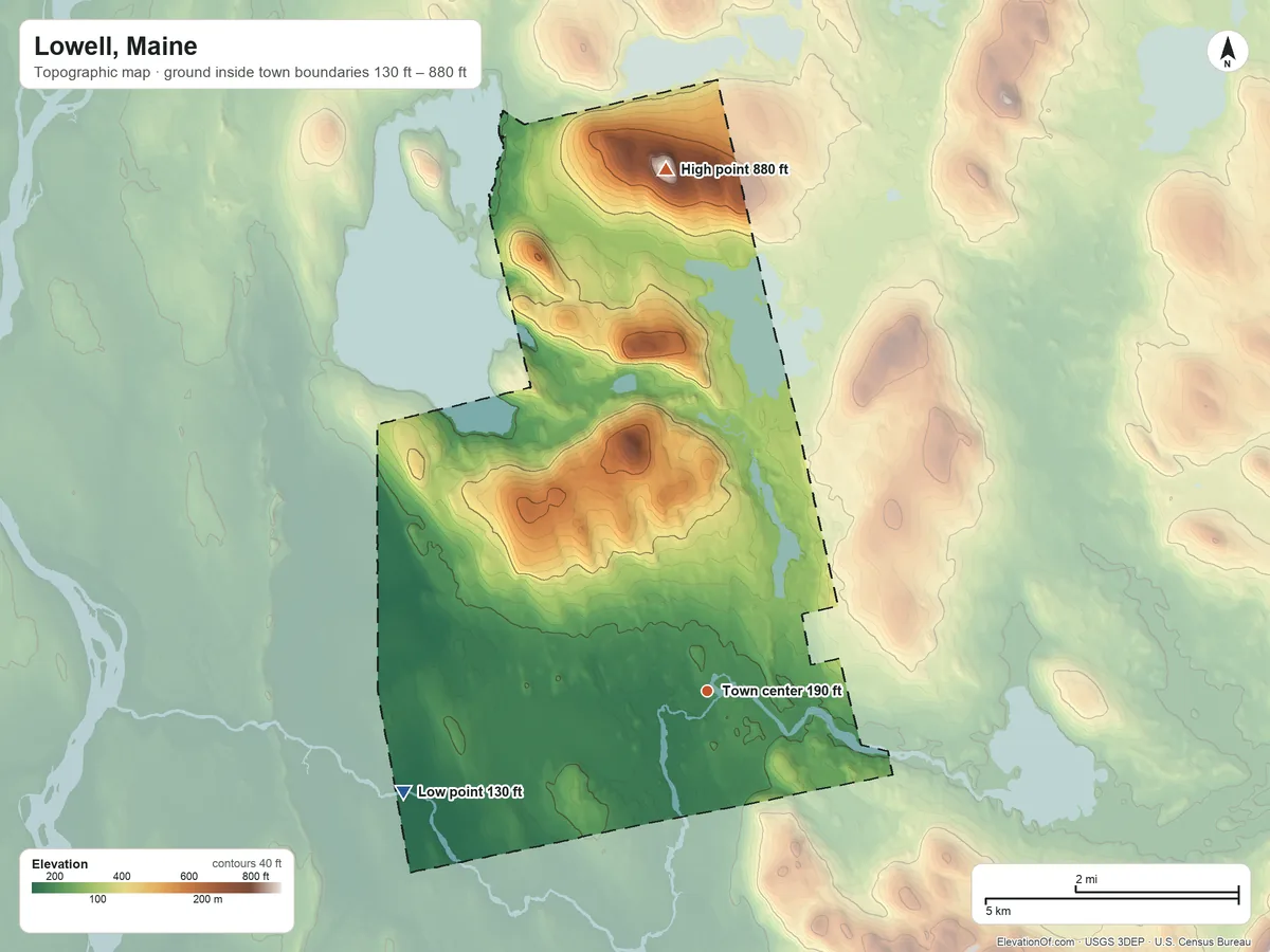 Topographic elevation map of Lowell, Maine, shaded from 130 ft on the west side to 880 ft on the north side