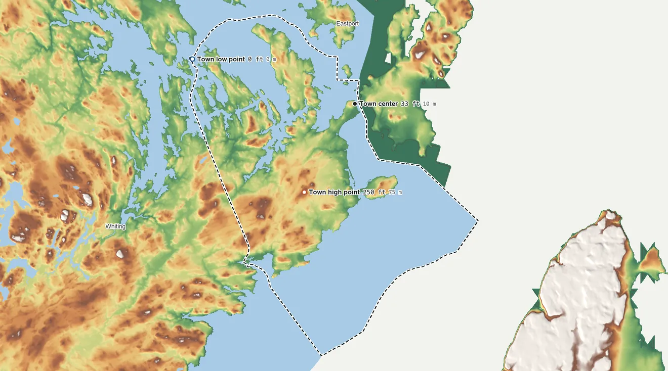 Topographic elevation map of Lubec, Maine, shaded from sea level level on Dennys Bay to 250 ft on the southwest side