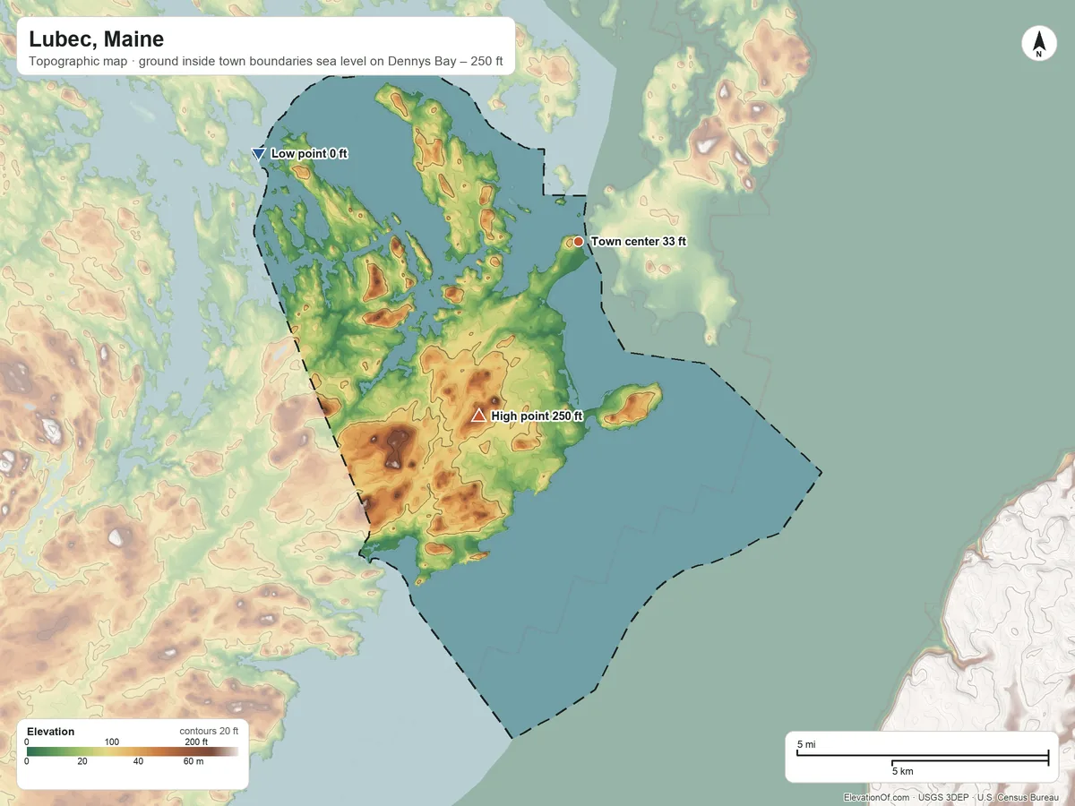 Topographic elevation map of Lubec, Maine, shaded from sea level level on Dennys Bay to 250 ft on the southwest side