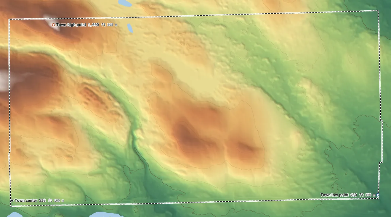 Topographic elevation map of Ludlow, Maine, shaded from 430 ft on the east side to 1,000 ft on the north side