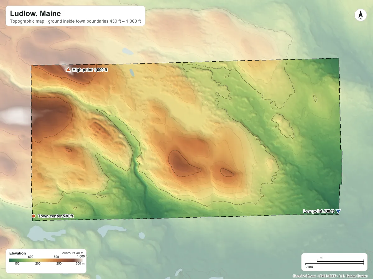 Topographic elevation map of Ludlow, Maine, shaded from 430 ft on the east side to 1,000 ft on the north side
