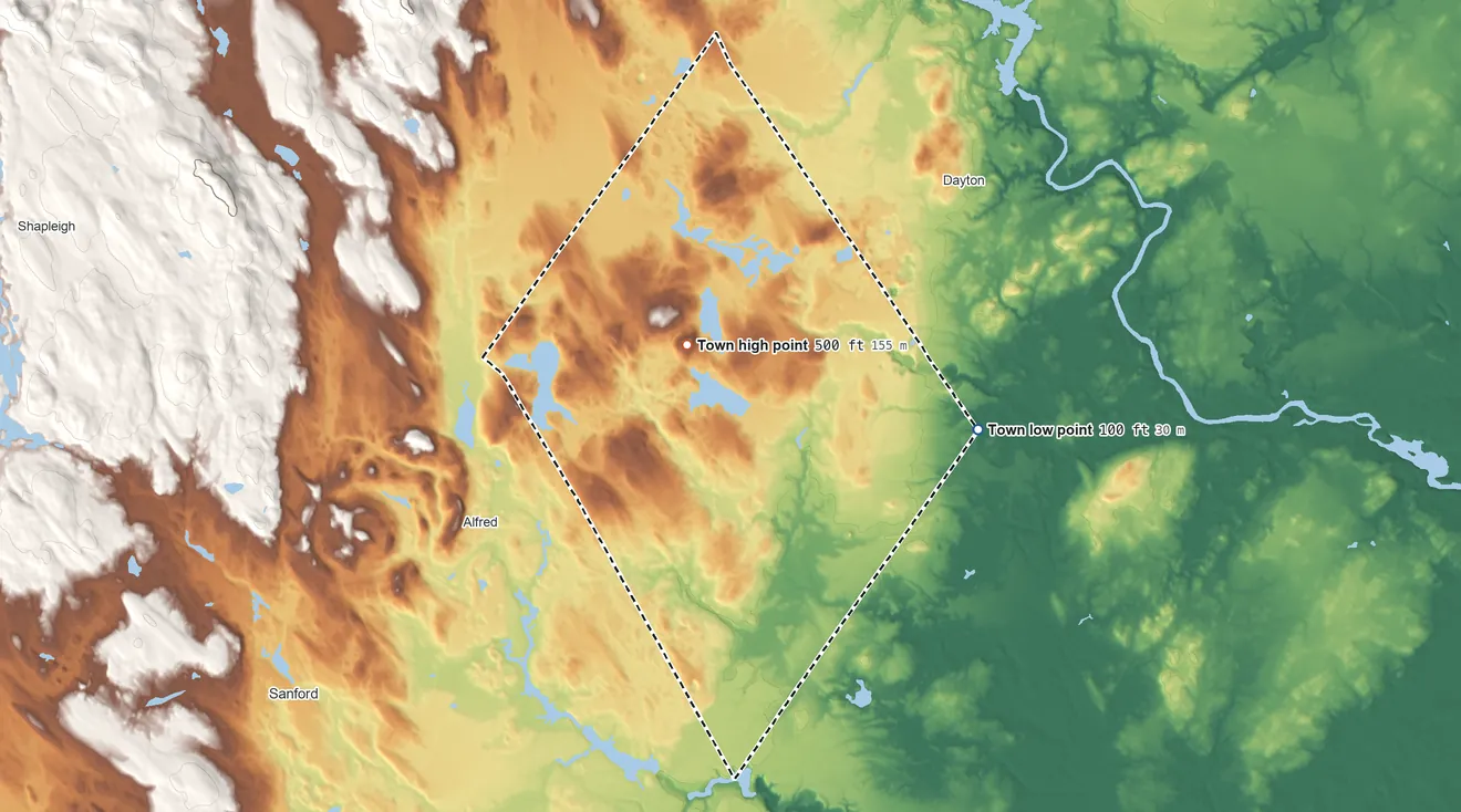 Topographic elevation map of Lyman, Maine, shaded from 100 ft on the east side to 500 ft on Grant Hill