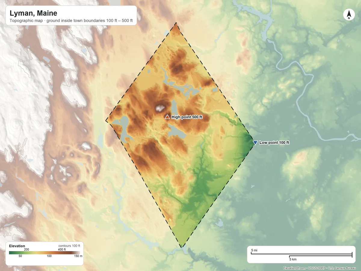 Topographic elevation map of Lyman, Maine, shaded from 100 ft on the east side to 500 ft on Grant Hill