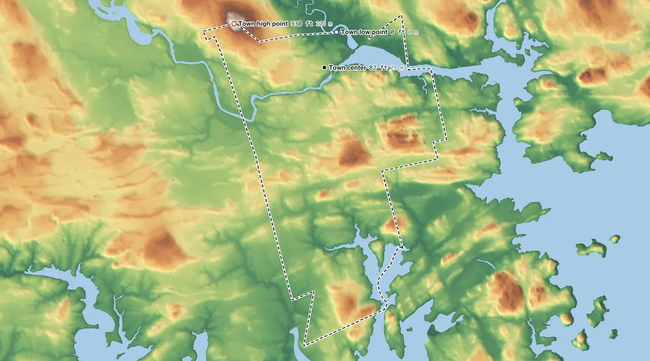 Topographic elevation map of Machias, Maine, shaded from sea level level on the Middle River to 330 ft on the northwest edge, below higher ground just outside