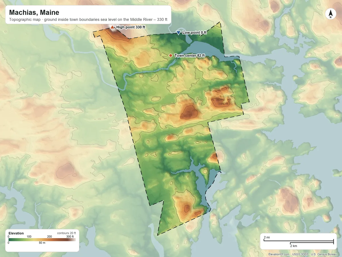 Topographic elevation map of Machias, Maine, shaded from sea level level on the Middle River to 330 ft on the northwest edge, below higher ground just outside