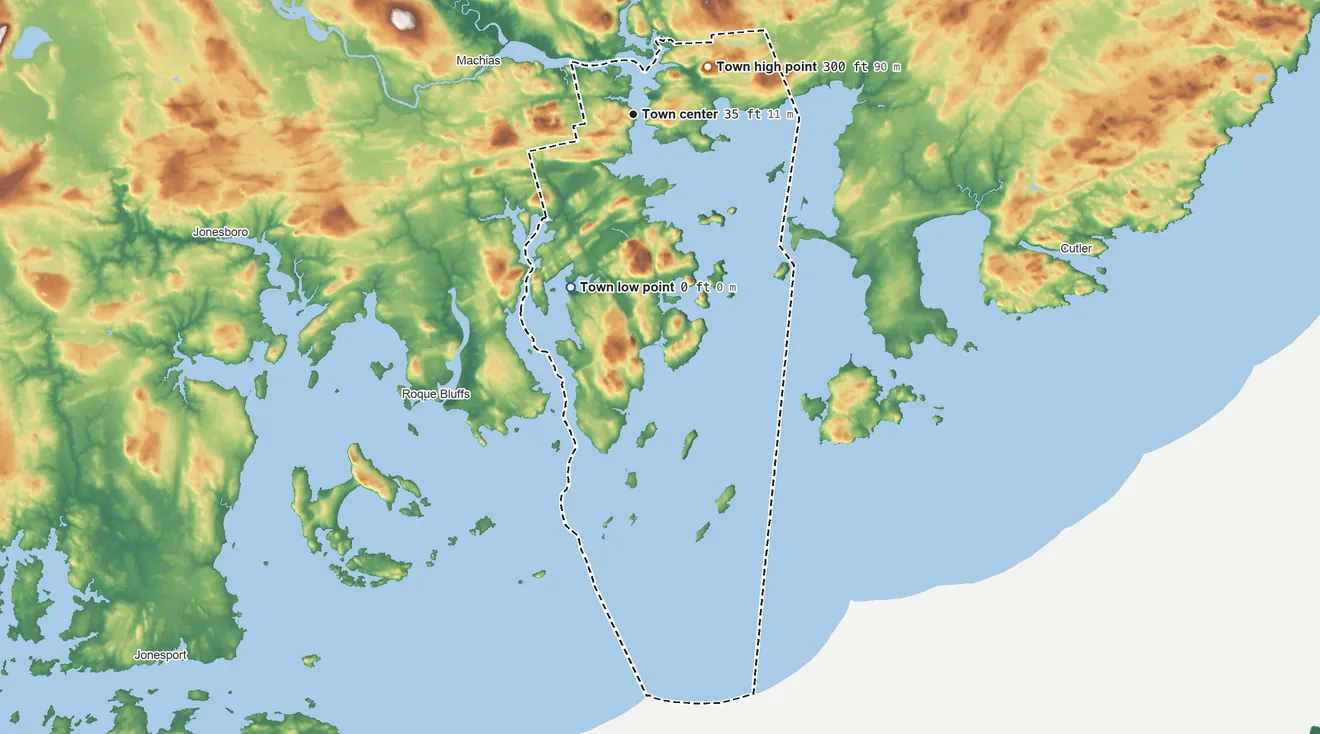 Topographic elevation map of Machiasport, Maine, shaded from sea level level on the Mill Pond to 300 ft on Woodruff Mountain