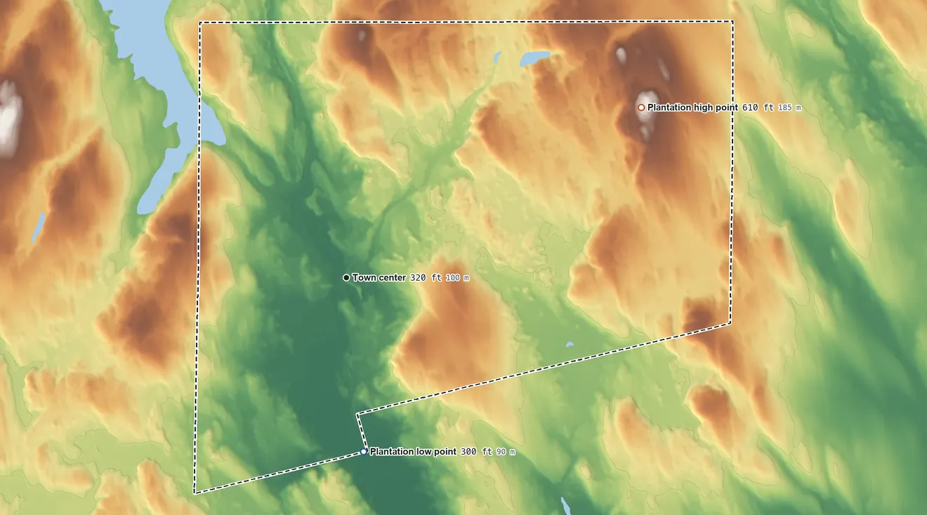 Topographic elevation map of Macwahoc, Maine, shaded from 300 ft on the south side to 610 ft on the northeast side