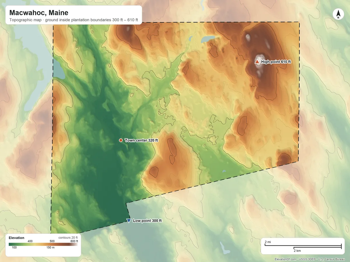 Topographic elevation map of Macwahoc, Maine, shaded from 300 ft on the south side to 610 ft on the northeast side