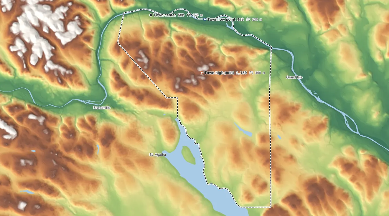 Topographic elevation map of Madawaska, Maine, shaded from 420 ft on the east side to 1,180 ft on the southeast side