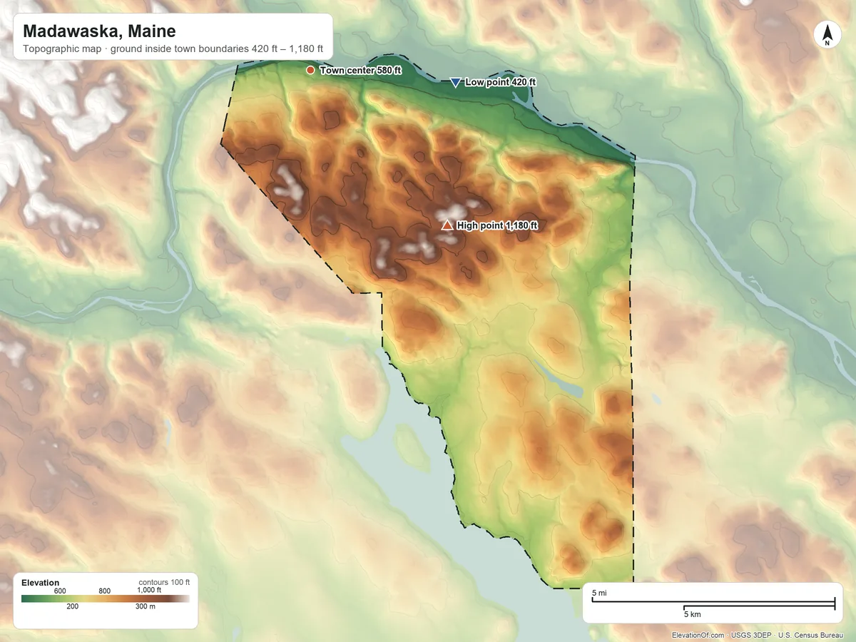 Topographic elevation map of Madawaska, Maine, shaded from 420 ft on the east side to 1,180 ft on the southeast side