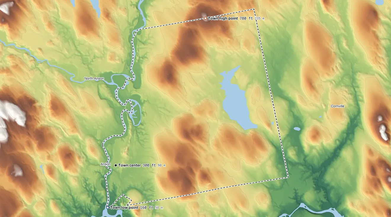 Topographic elevation map of Madison, Maine, shaded from 160 ft on the south side to 780 ft on the northeast side