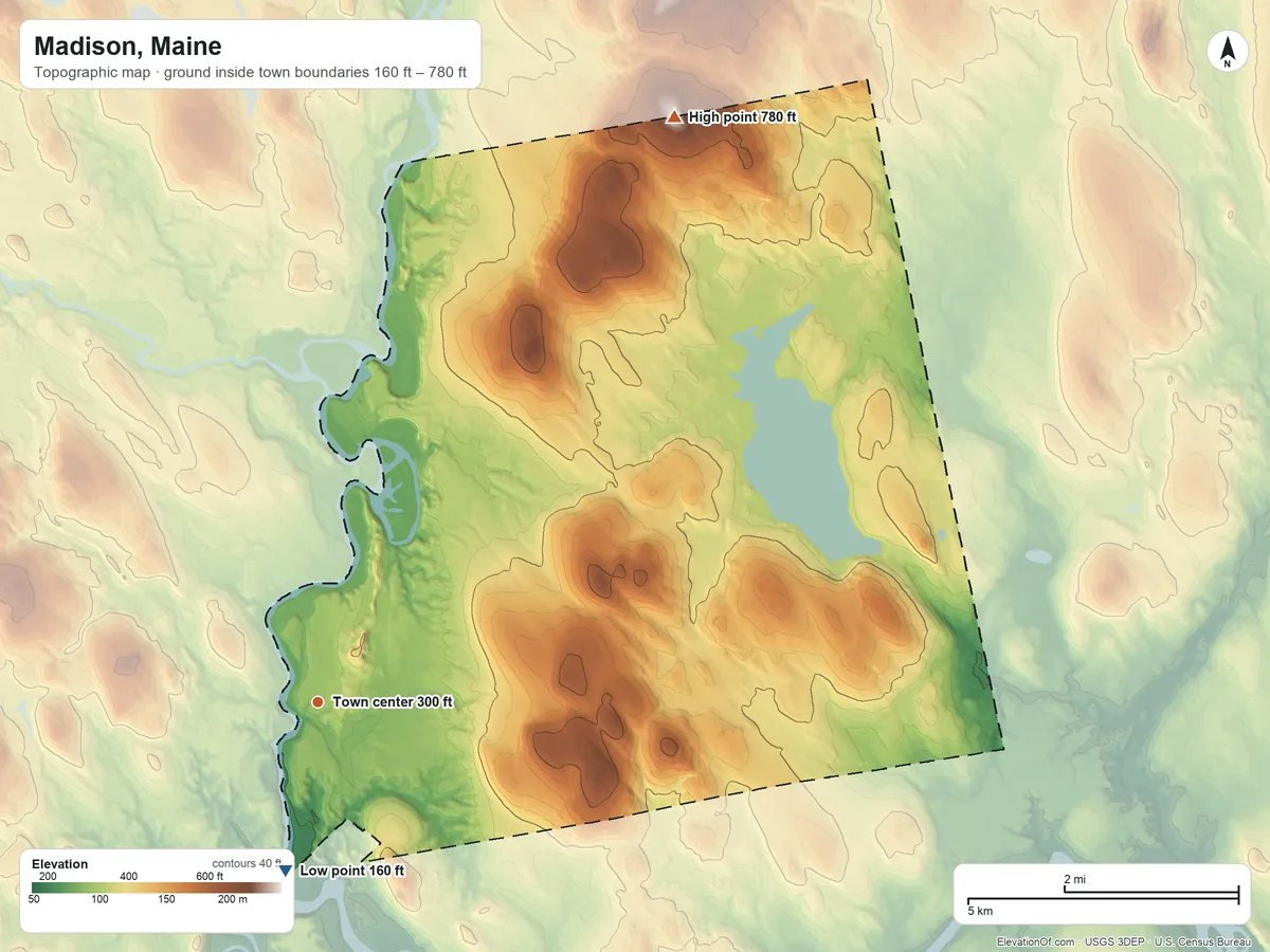 Topographic elevation map of Madison, Maine, shaded from 160 ft on the south side to 780 ft on the northeast side