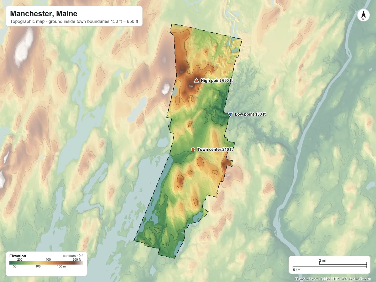 Topographic elevation map of Manchester, Maine, shaded from 130 ft on the northeast side to 650 ft on Allen Hill