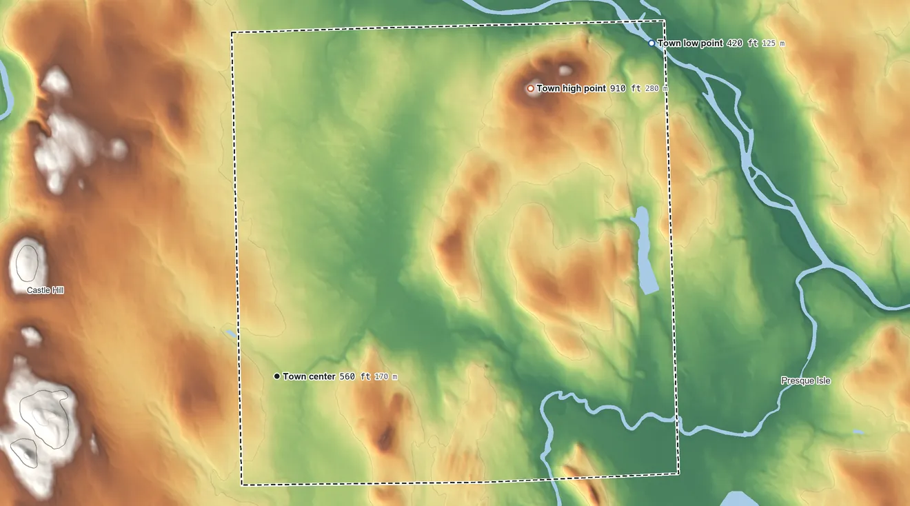 Topographic elevation map of Mapleton, Maine, shaded from 420 ft on the northeast side to 910 ft on Haines Hill