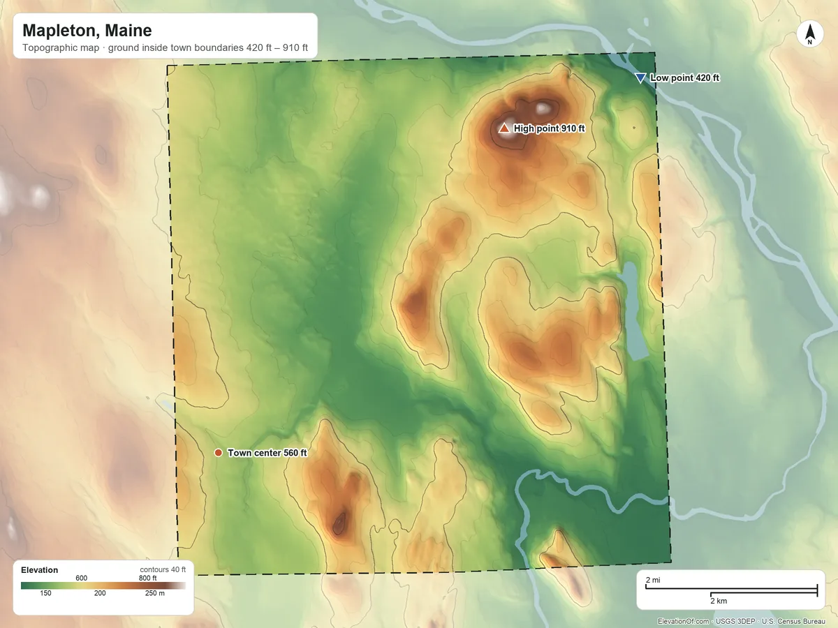 Topographic elevation map of Mapleton, Maine, shaded from 420 ft on the northeast side to 910 ft on Haines Hill