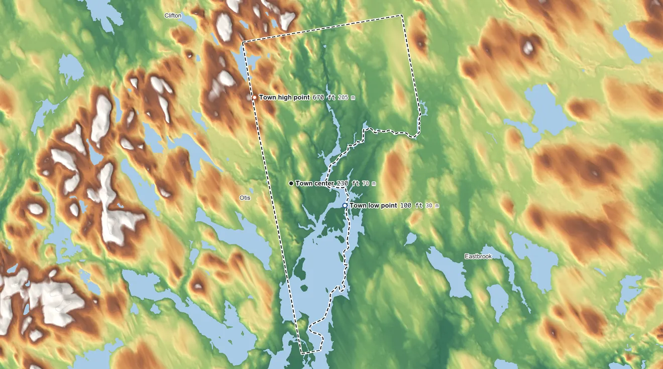 Topographic elevation map of Mariaville, Maine, shaded from 100 ft on the east side to 670 ft on the northwest side