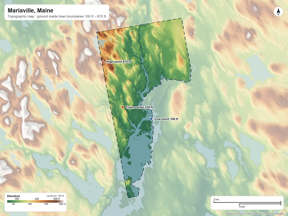 Topographic elevation map of Mariaville, Maine, shaded from 100 ft on the east side to 670 ft on the northwest side