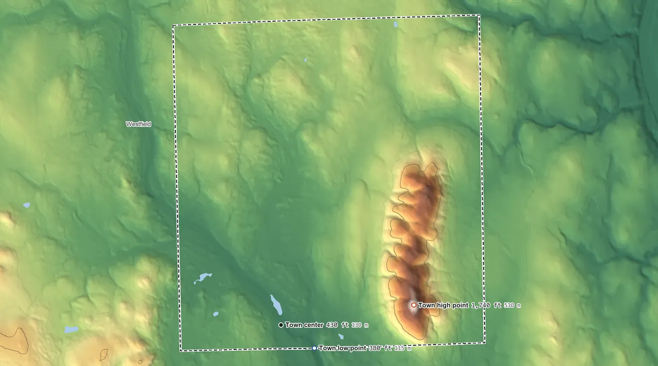Topographic elevation map of Mars Hill, Maine, shaded from 380 ft near the middle to 1,742 ft on Mars Hill