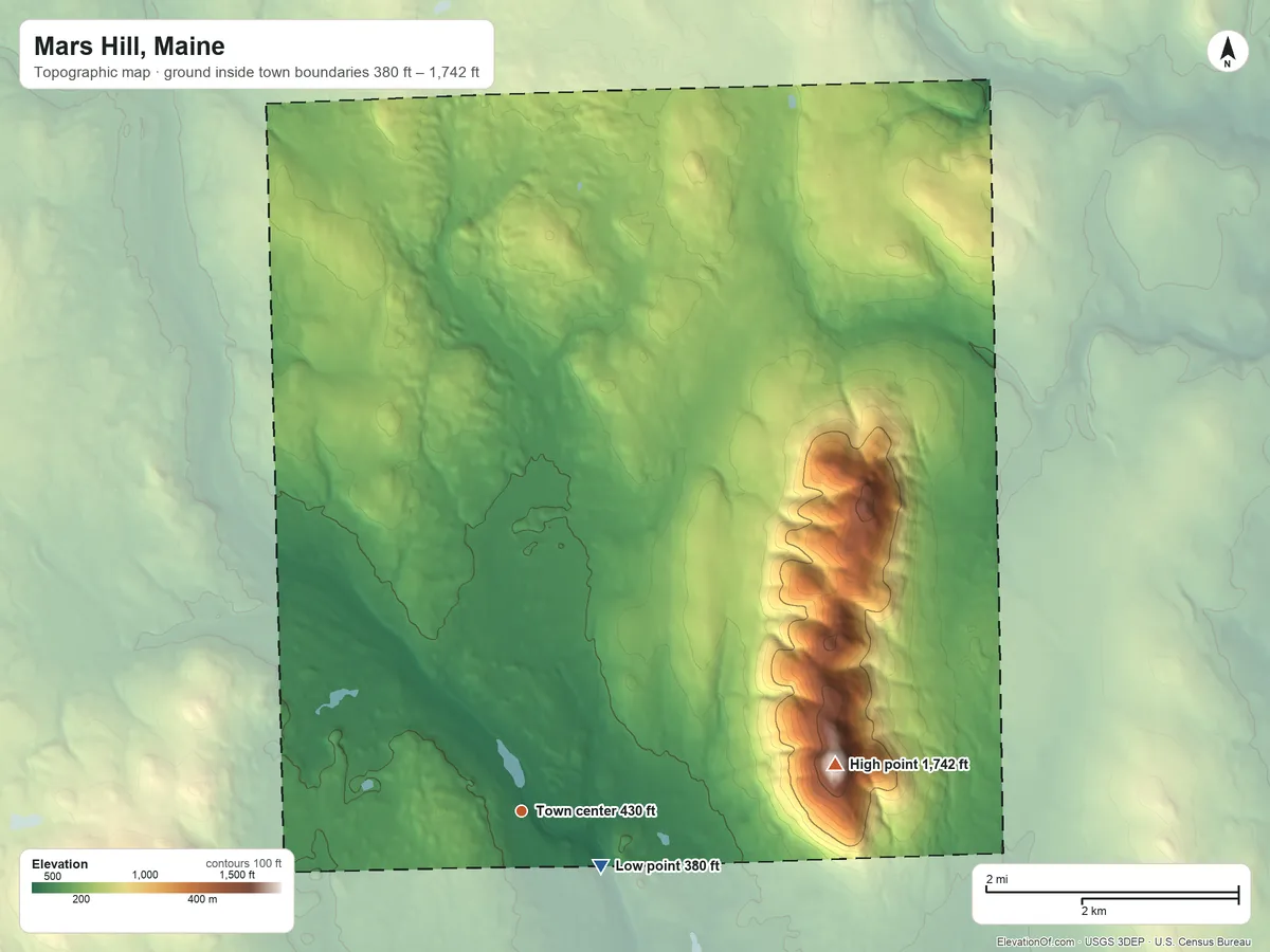 Topographic elevation map of Mars Hill, Maine, shaded from 380 ft near the middle to 1,742 ft on Mars Hill