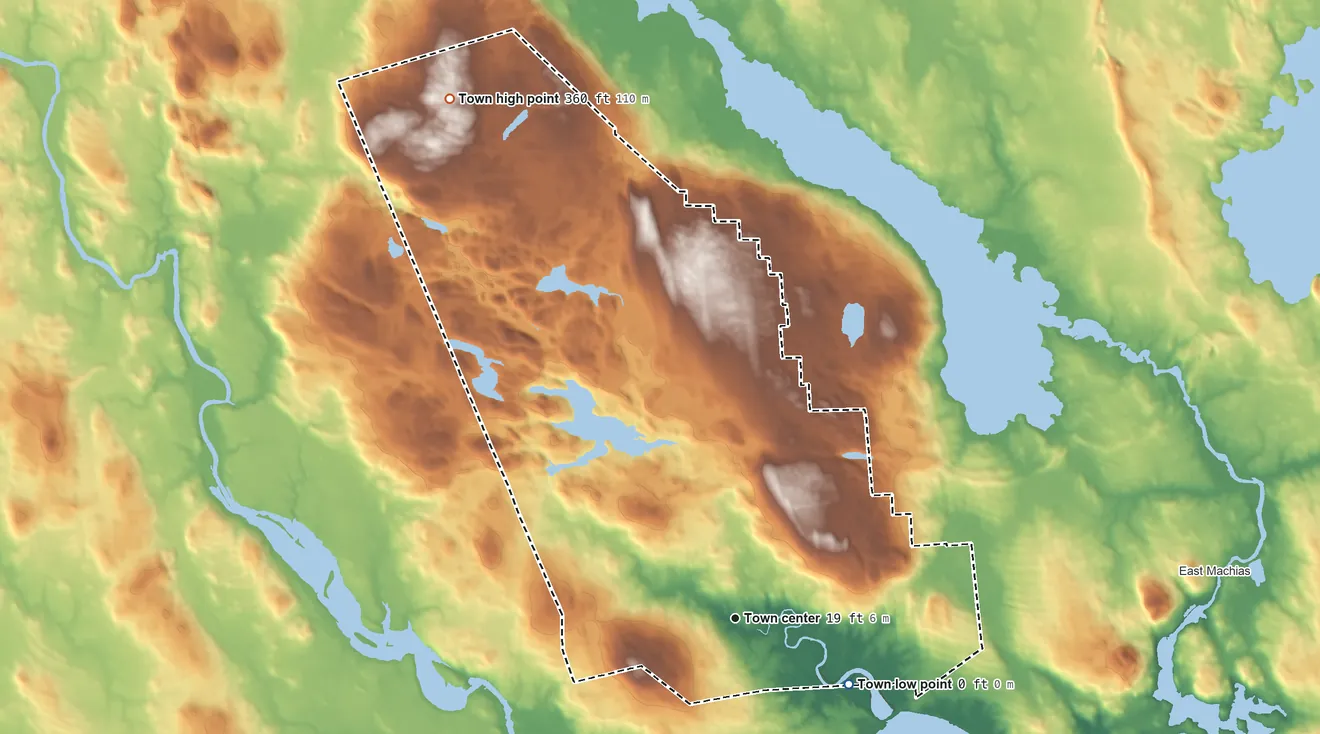 Topographic elevation map of Marshfield, Maine, shaded from sea level level on the Middle River to 360 ft on the northwest side