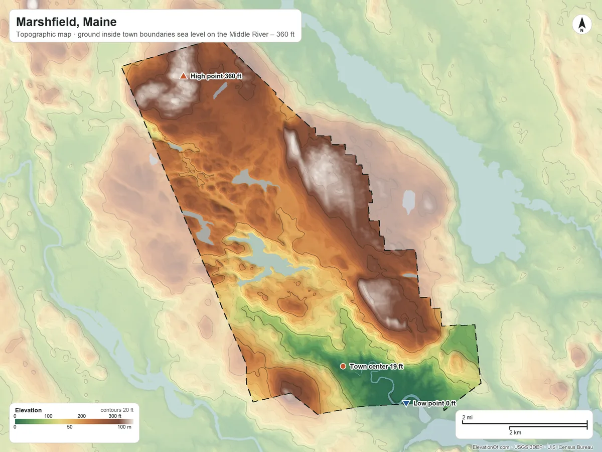 Topographic elevation map of Marshfield, Maine, shaded from sea level level on the Middle River to 360 ft on the northwest side
