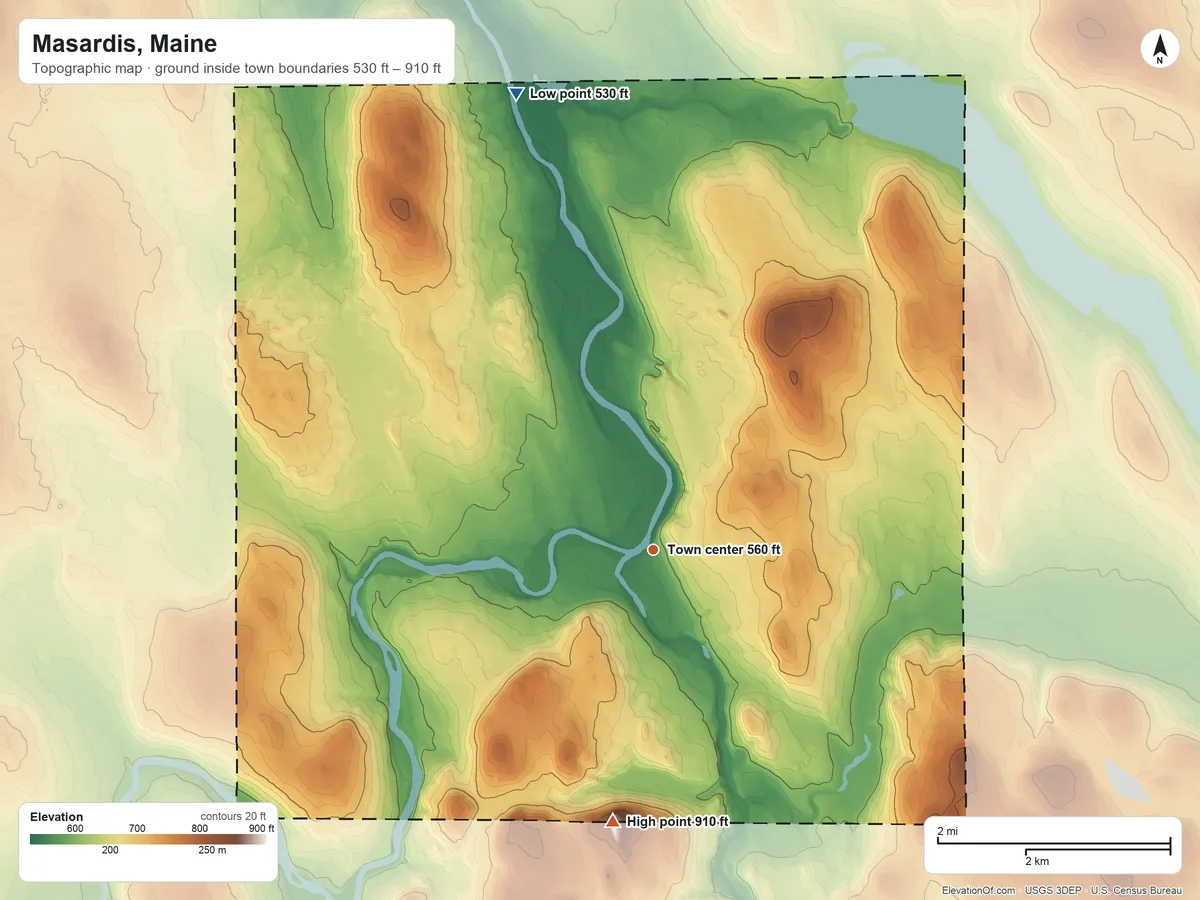 Topographic elevation map of Masardis, Maine, shaded from 530 ft on the north side to 910 ft on Pollard Mountain