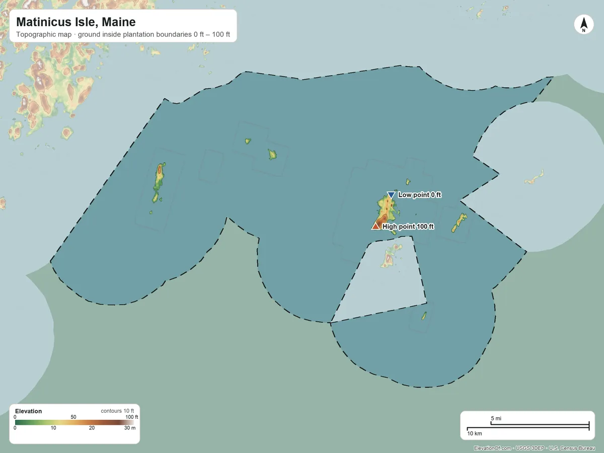 Topographic elevation map of Matinicus Isle, Maine, shaded from 0 ft near the middle to 100 ft near the middle