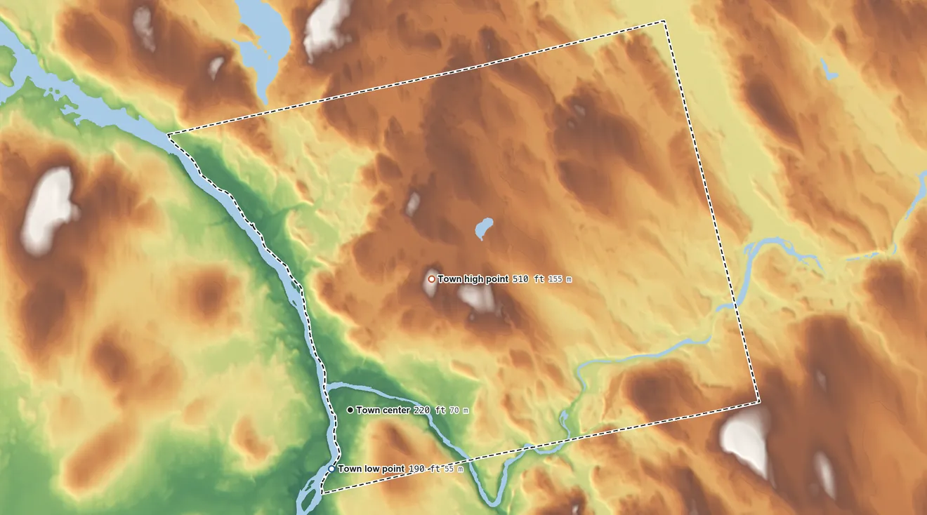 Topographic elevation map of Mattawamkeag, Maine, shaded from 190 ft near the middle to 510 ft on the northeast side