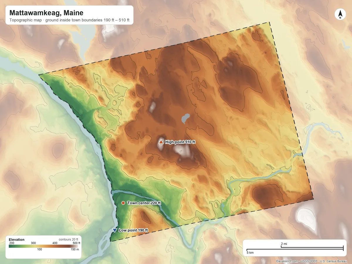 Topographic elevation map of Mattawamkeag, Maine, shaded from 190 ft near the middle to 510 ft on the northeast side