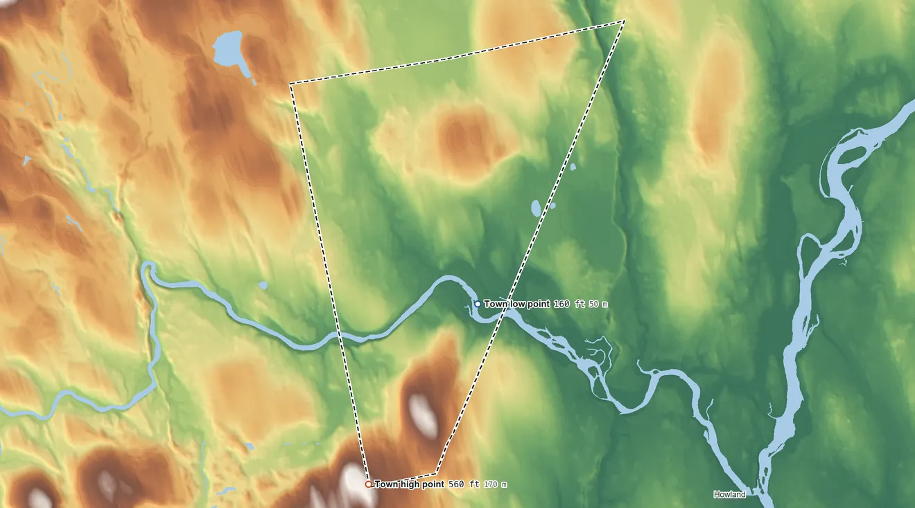 Topographic elevation map of Maxfield, Maine, shaded from 160 ft on the northeast side to 560 ft on the southwest side