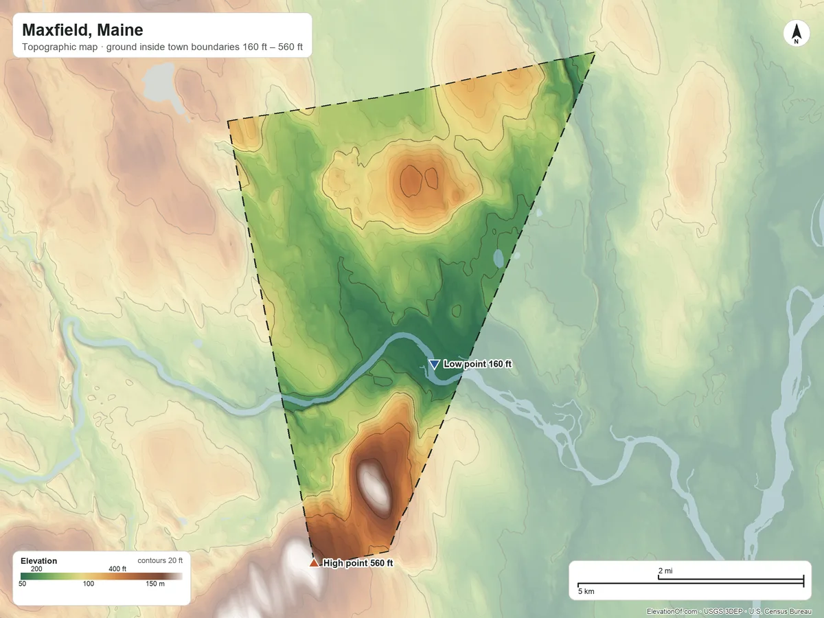 Topographic elevation map of Maxfield, Maine, shaded from 160 ft on the northeast side to 560 ft on the southwest side