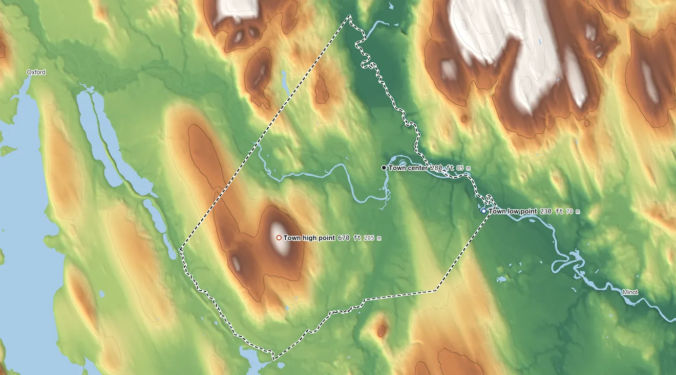 Topographic elevation map of Mechanic Falls, Maine, shaded from 230 ft on the southeast side to 670 ft on the southwest side