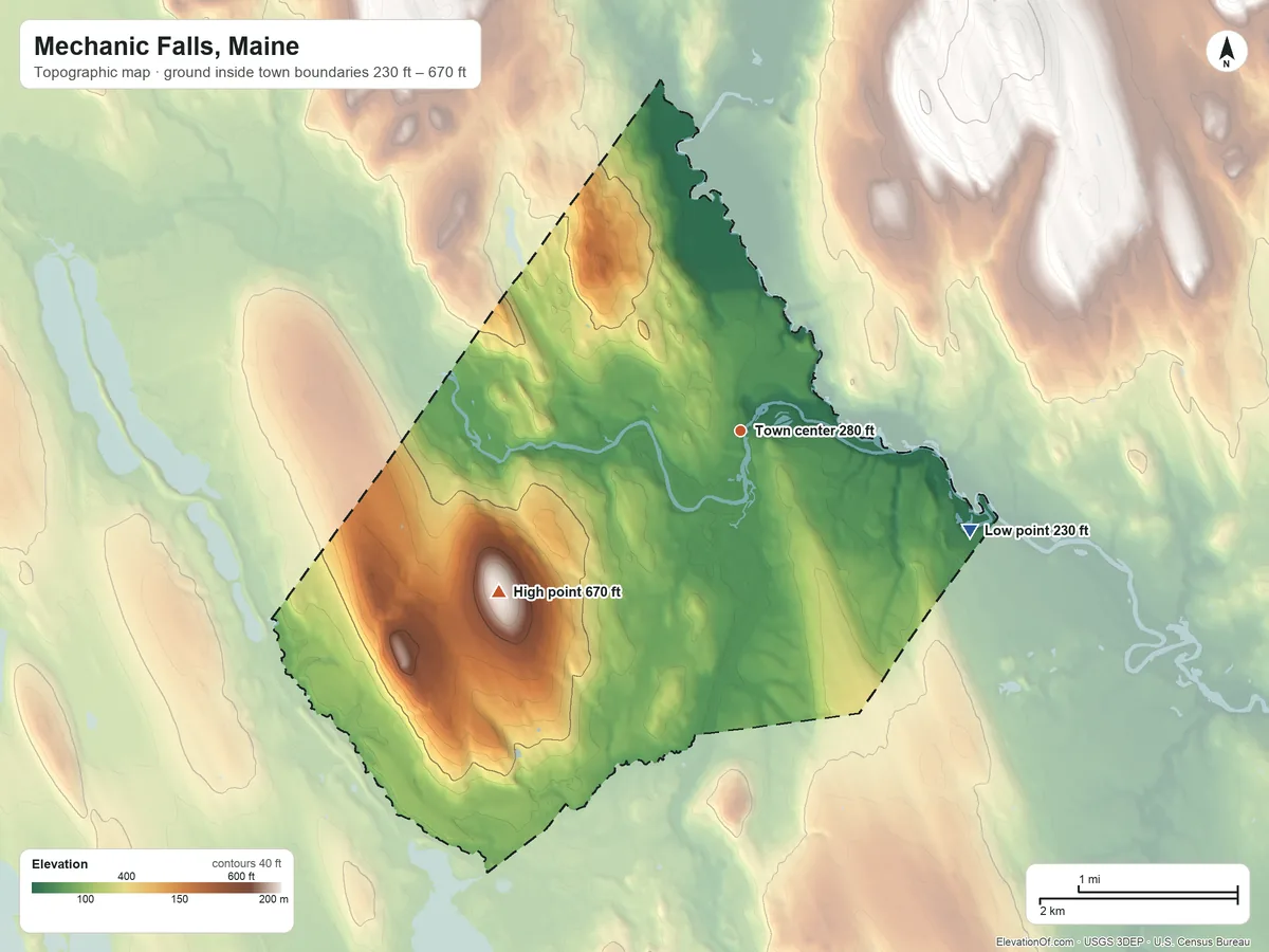 Topographic elevation map of Mechanic Falls, Maine, shaded from 230 ft on the southeast side to 670 ft on the southwest side