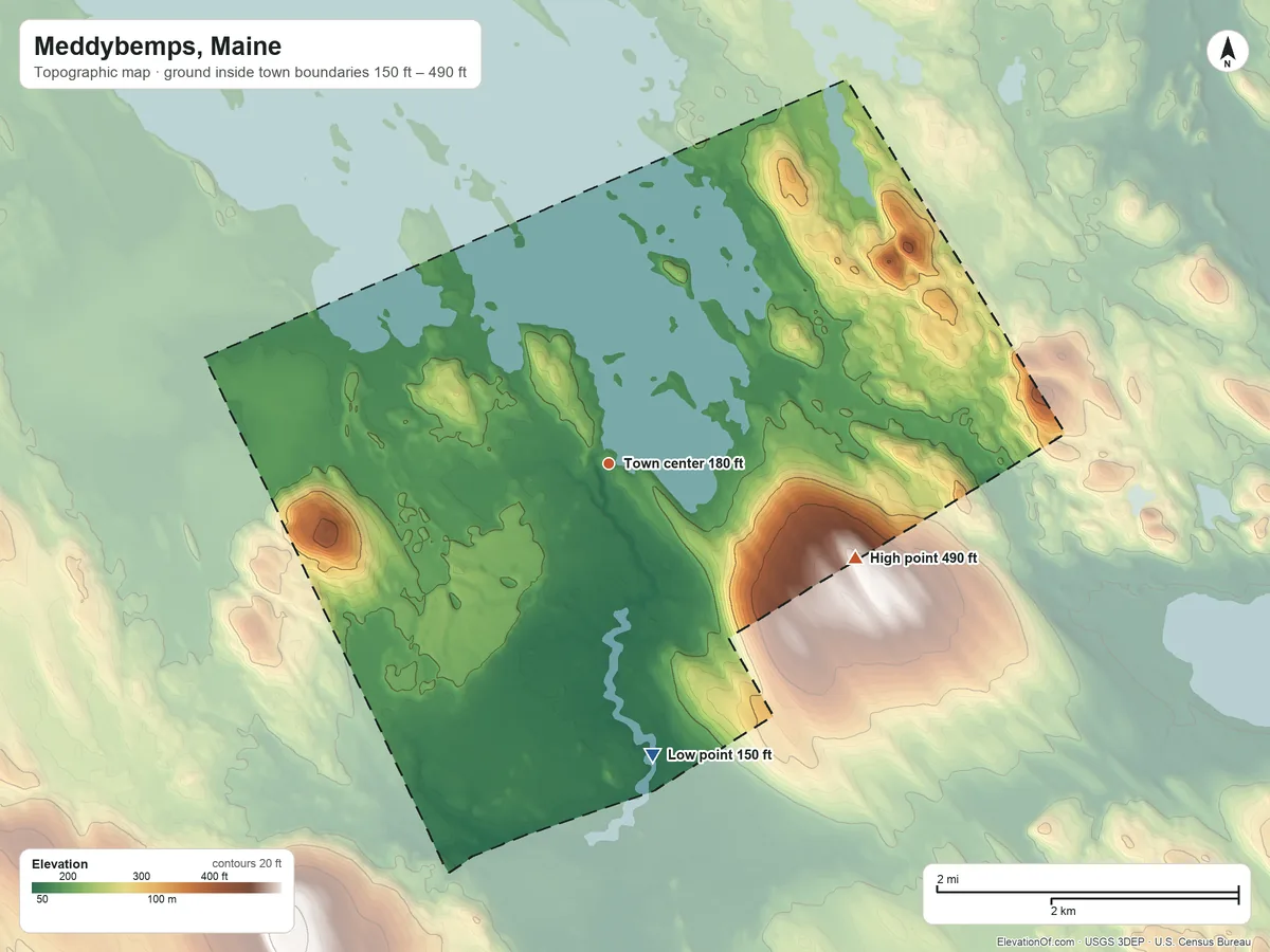 Topographic elevation map of Meddybemps, Maine, shaded from 150 ft on the south side to 490 ft on the east side